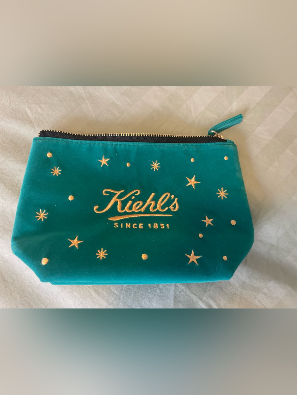 Kiehl's Teal Velvet Cosmetic Pouch with Gold Star Details